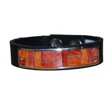 Bracelet with Inlay on Leather Band - Coral/Spiny Oyster on Black band